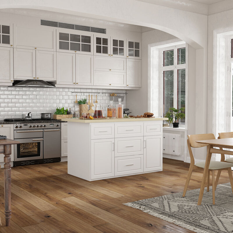 FUFU&GAGA White Paint Finish Kitchen Island with 5 Drawers 2 Doors Adjustable Shelves Silver Handles 66.9''L × 31.4''W × 37''H