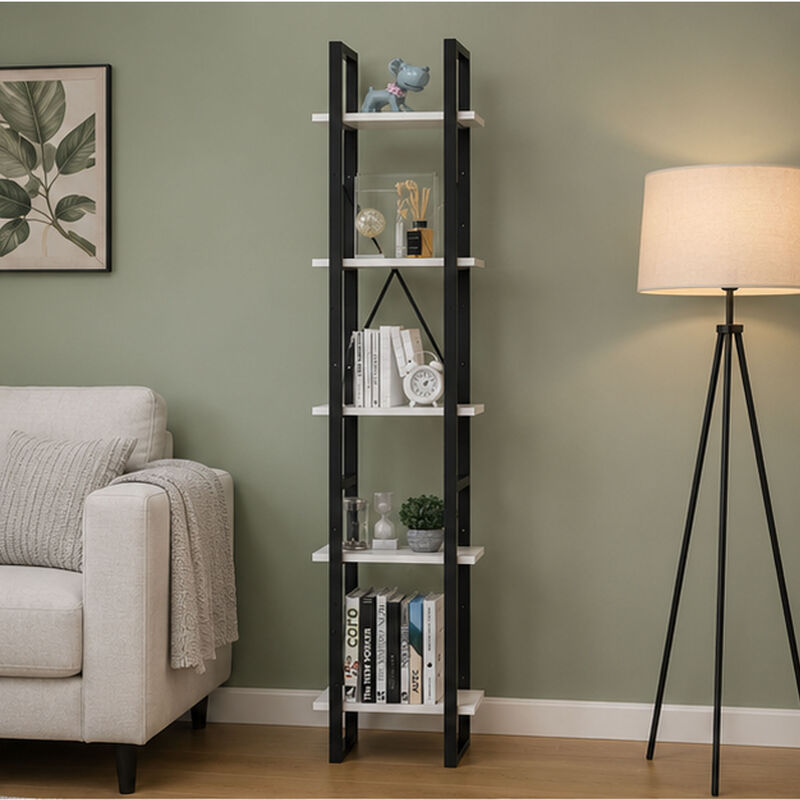 5 Tier Bookshelf Unit, Open White Wood Racks, 41 Inch Black Metal image number 6