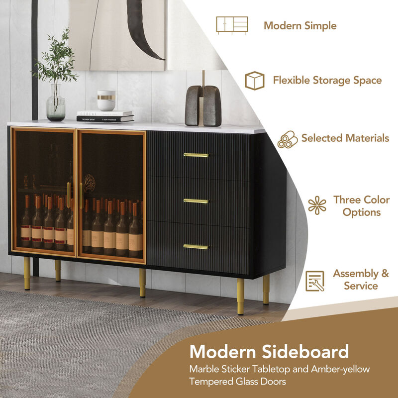 Modern Sideboard MDF Buffet Cabinet Marble Sticker Tabletop and Amberyellow Tempered Glass Doors with Gold Metal Legs Handles (Black)