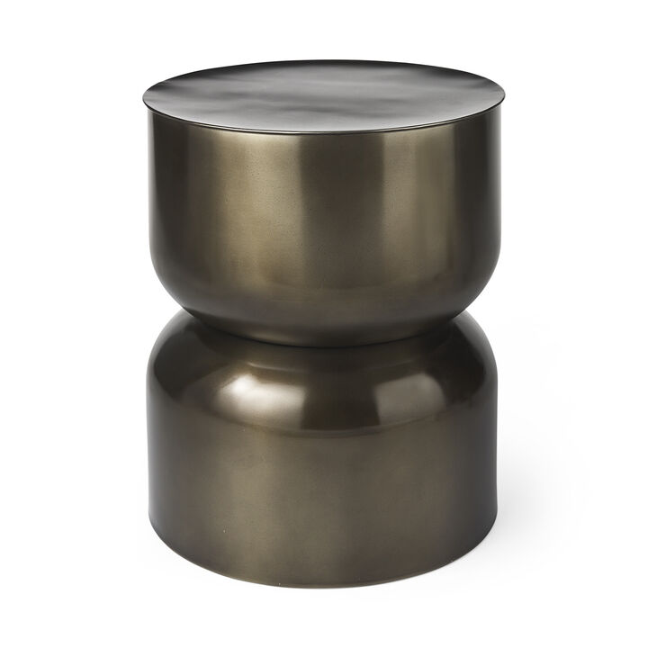 HomeRoots 20" Antiqued Gold Iron Round Cinched Drum End Table