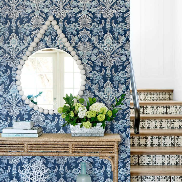 Vera Blue Floral Damask Wallpaper