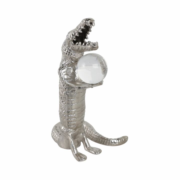 10x6" Crocodile Holding Acrylic Ball, Silver