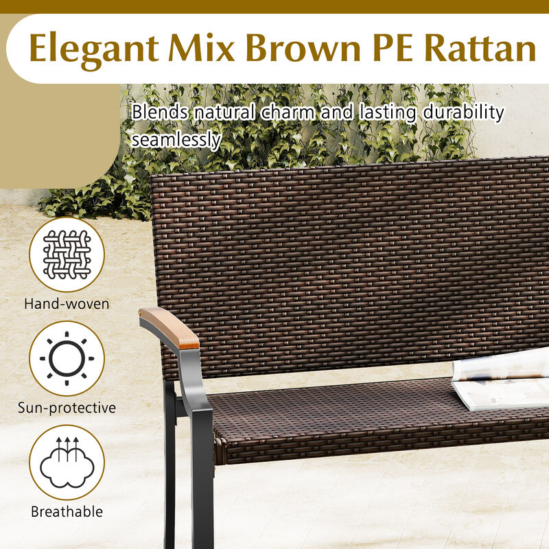 Wicker Patio Loveseat Chair Featuring Acacia Wood Armrests and Metal Frame