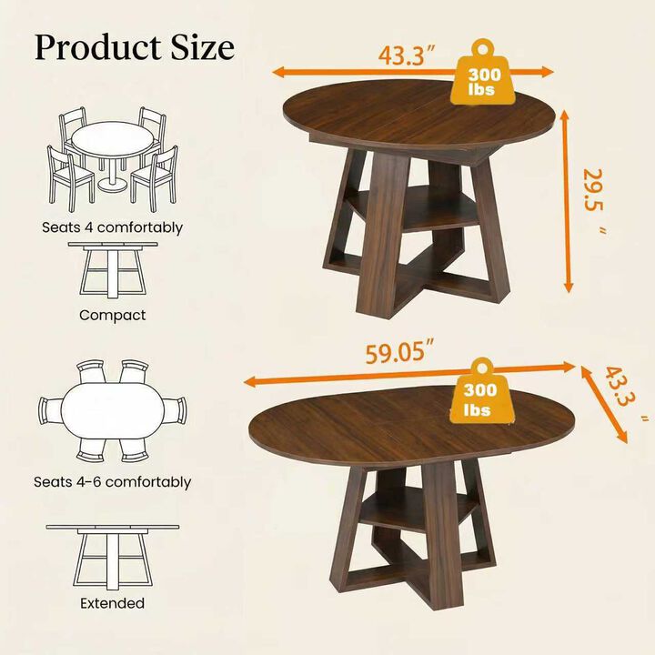 Extendable Round Dining Table for 4-8 People with Storage Shelf