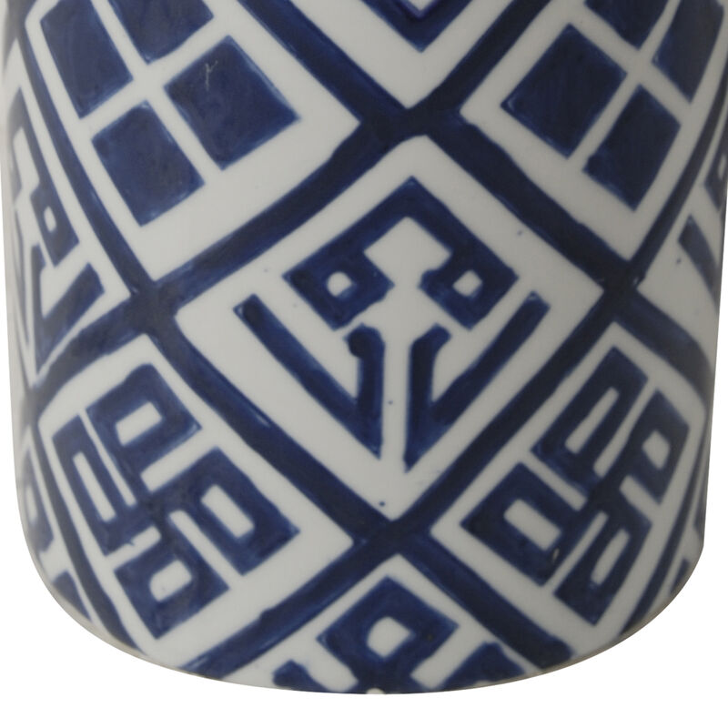 14 Inch Lidded Jar, Geometric Pattern, Cylindrical Blue and White Porcelain-Benzara
