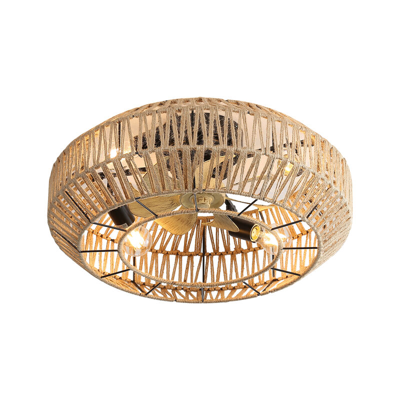 22 Inch Boho Caged Ceiling Fan With Enclosed Rattan 6 Speeds Remote Control Reversible DC Motor image number 0