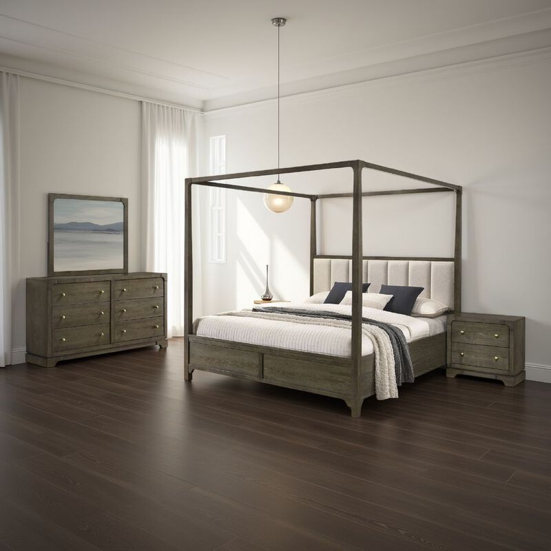 Seon 4pc Queen Bedroom Set, Dark Brown Solid Wood, Canopy Style Bed