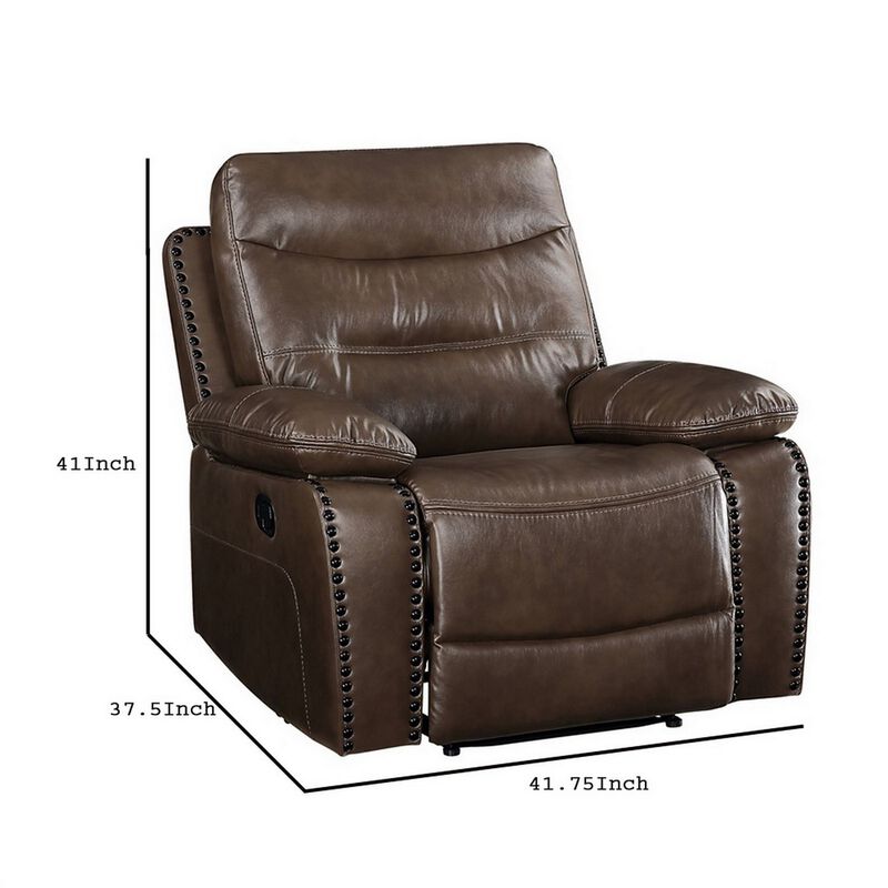 Leatherette Power Recliner with Nailhead Trim Accent, Brown-Benzara
