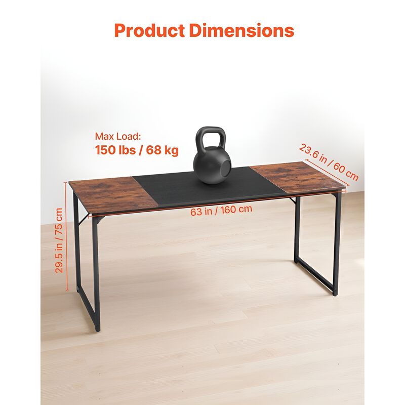 Home Office Computer Desk, Modern Writing Workstation with Steel Frame and Large Legroom-Rustic Brown image number 2