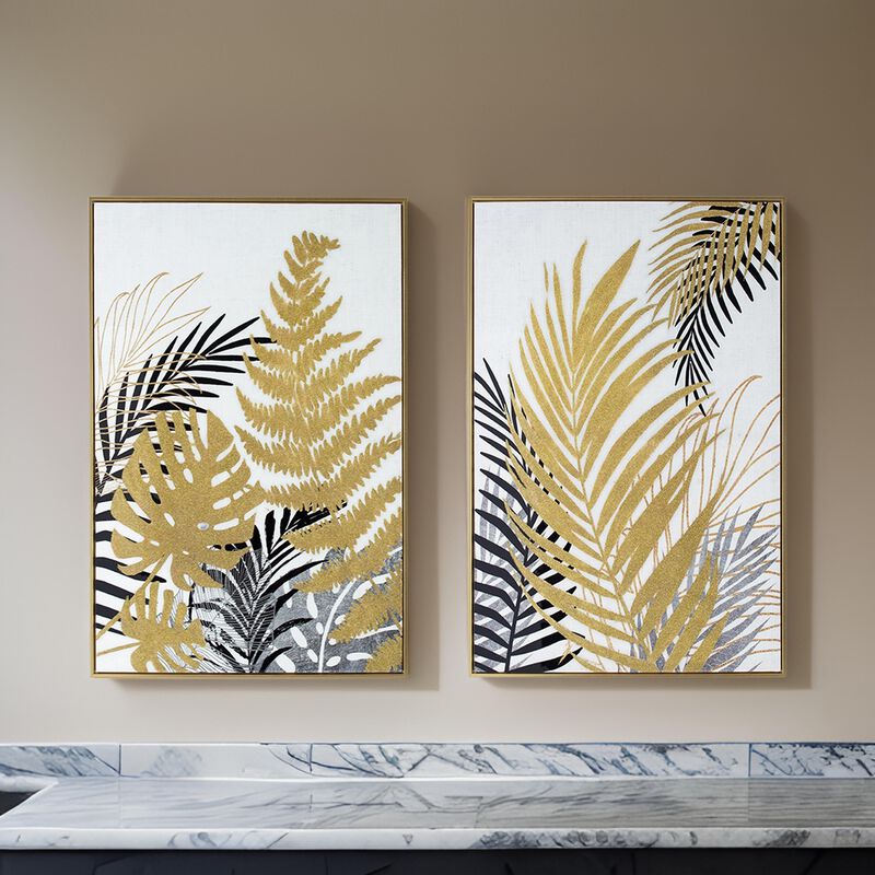 Nir 23 x 35 Set of 2 Palm Leaf Wall Art, Frame Decor, Black Gold, Gray Wood image number 1