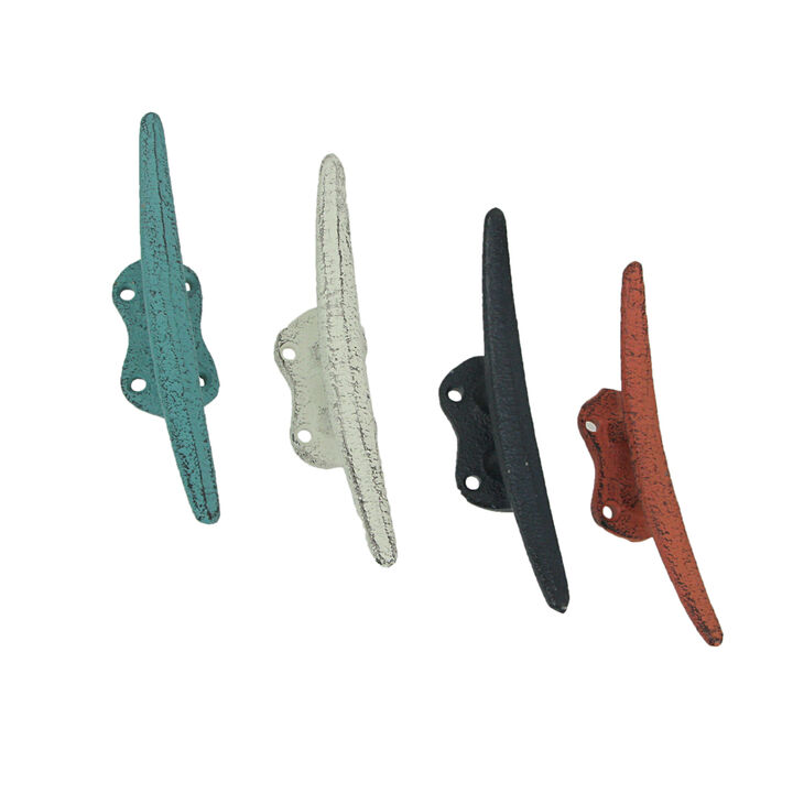 Set of 4 Vibrant Coastal Color Cast Iron Boat Cleat Wall Hooks/Drawer Pulls - Stylish 5.75 Inches Decorative Accents for Beach and Nautical-Themed Decor