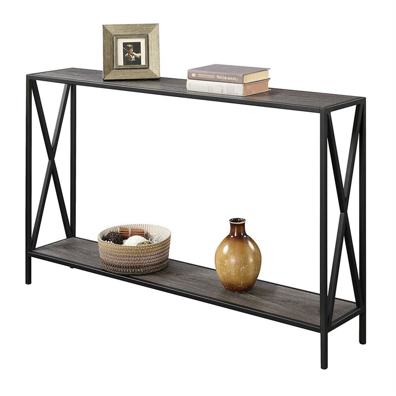 Hivvago Weathered Grey Wood Console Sofa Table with Bottom Shelf and Metal Frame