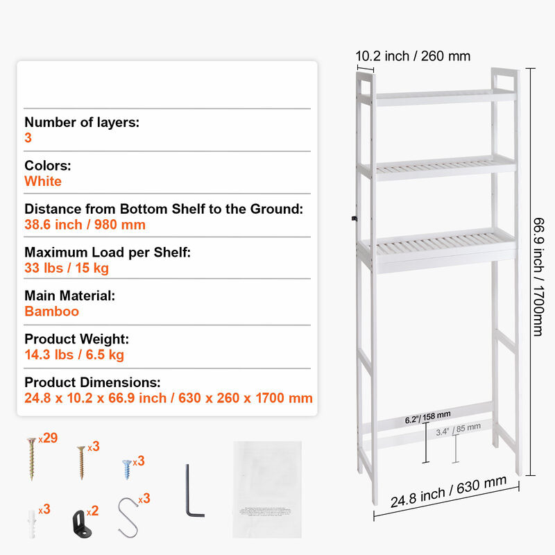 Over the Toilet Storage 3-Tier Bathroom Shelf Rack Space Saver Organizer