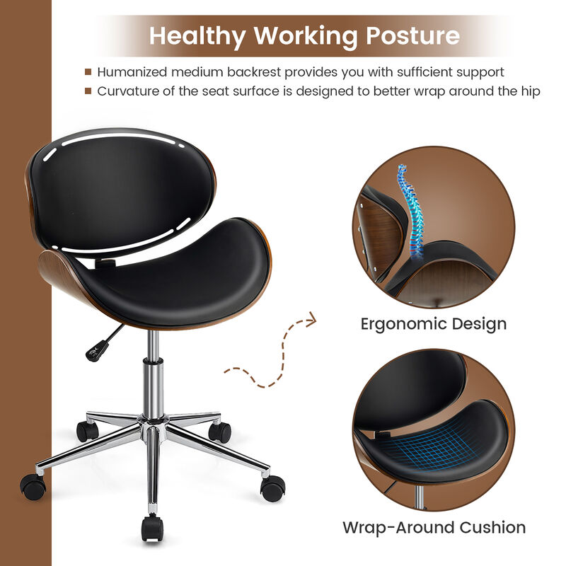Costway Adjustable Leather Office Chair Swivel Bentwood Desk Chair w/Curved Seat