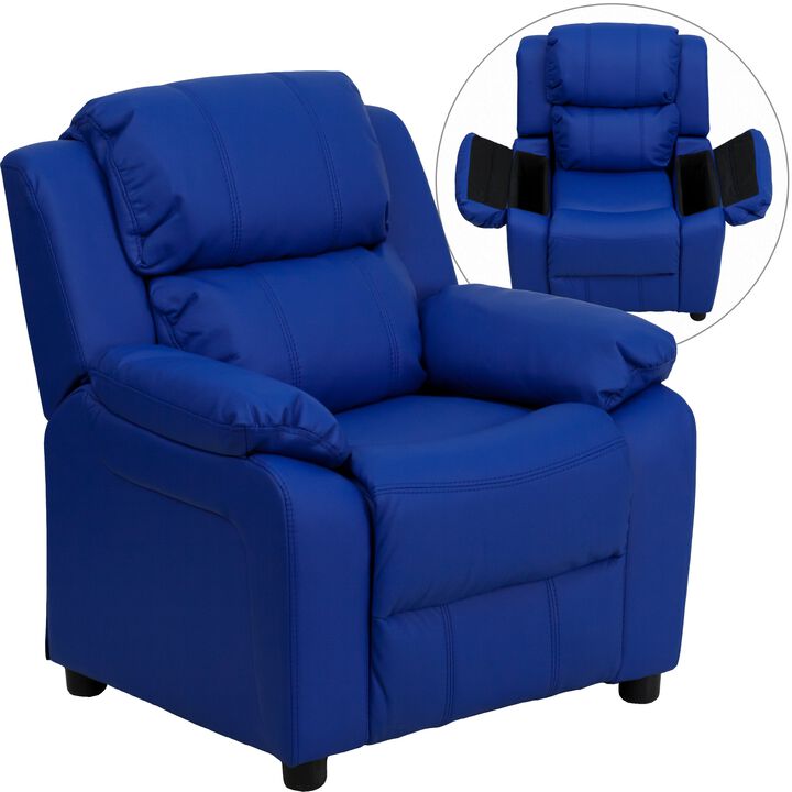 Flash Furniture Charlie Vinyl Kids Recliner with Flip-Up Storage Arms and Safety Recline, Contemporary Reclining Chair for Kids, Supports up to 90 lbs., Blue