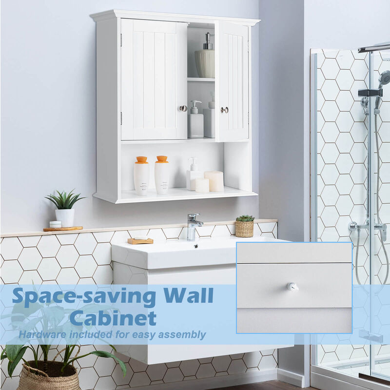 Wall Hanging Bathroom Cabinet with Enclosed Storage and Open Shelves
