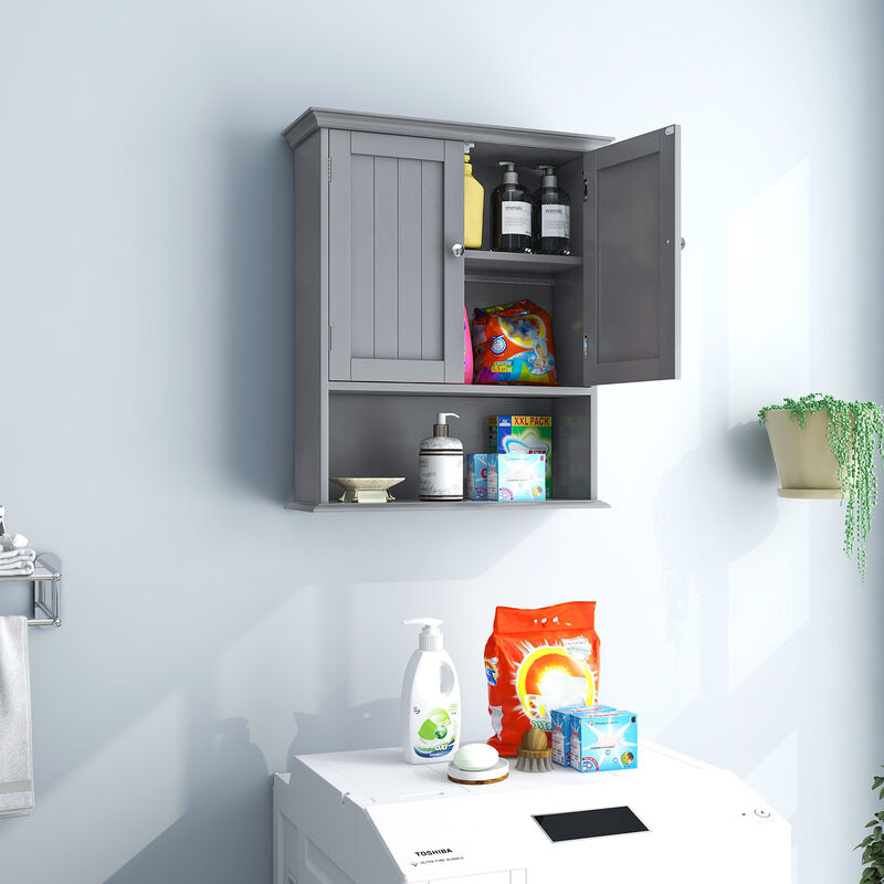 Wall Hanging Bathroom Cabinet with Enclosed Storage and Open Shelves
