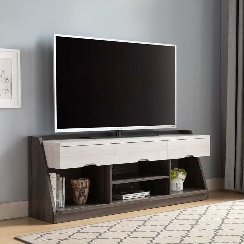 Homezia 62" White Oak & Distressed Grey Particle Board Cabinetenclosed Storage Tv Stand image number 2