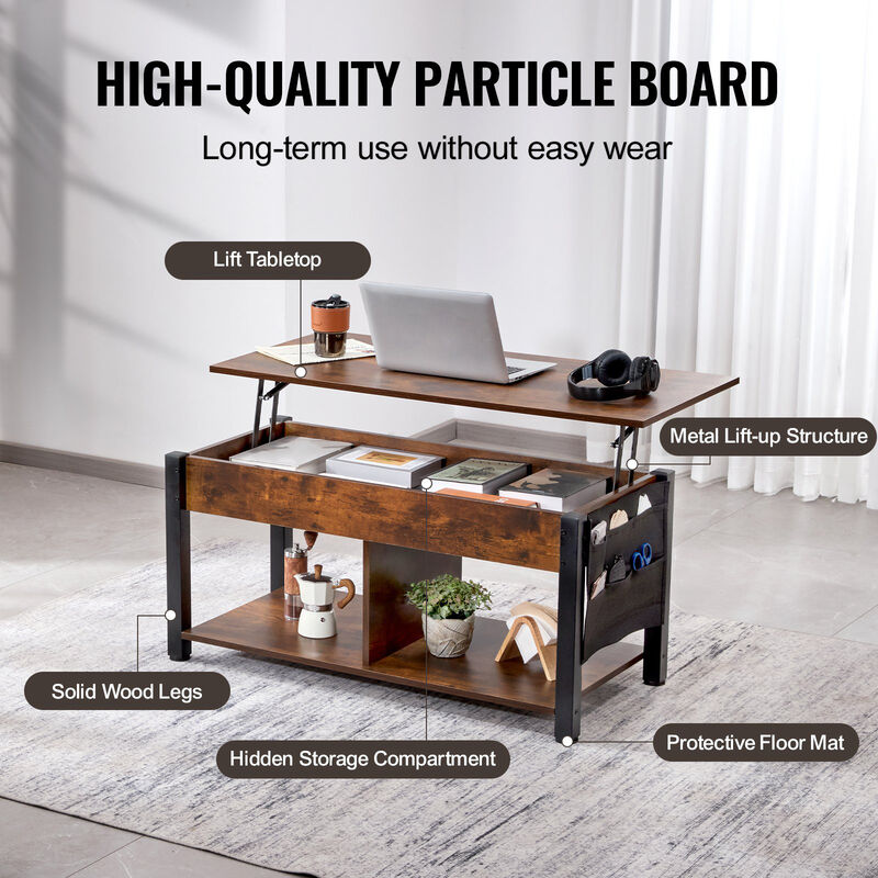 Rectangle Coffee Table with Hidden Compartments and Open Shelf for Living Room