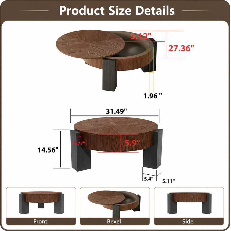 GOODSILO 33 Inch Round Coffee Table With Hidden Storage, Modern Sturdy Accent Table For Living Room Small Spaces image number 1
