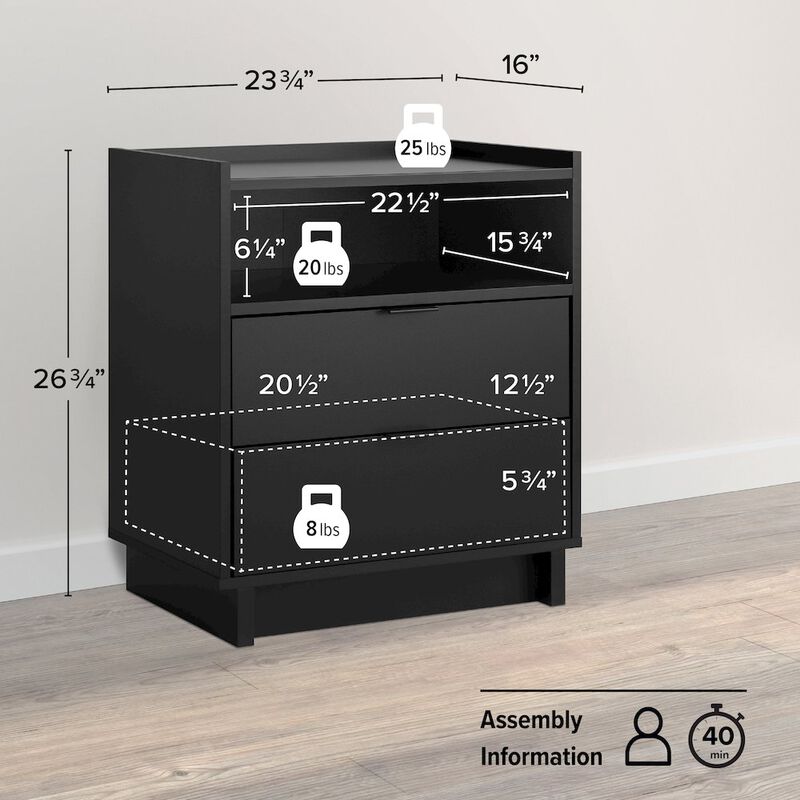 Prepac Simply Modern Black 2 Drawer 23.75 W Nightstand