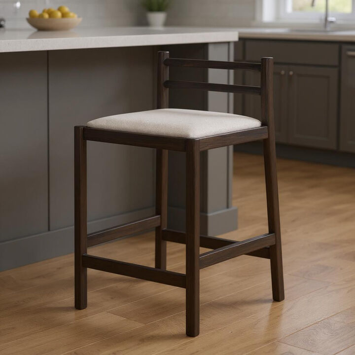 HomeRoots 26" Cream and Dark Brown Fabric and Solid Wood Low Back Counter Height Bar Chair