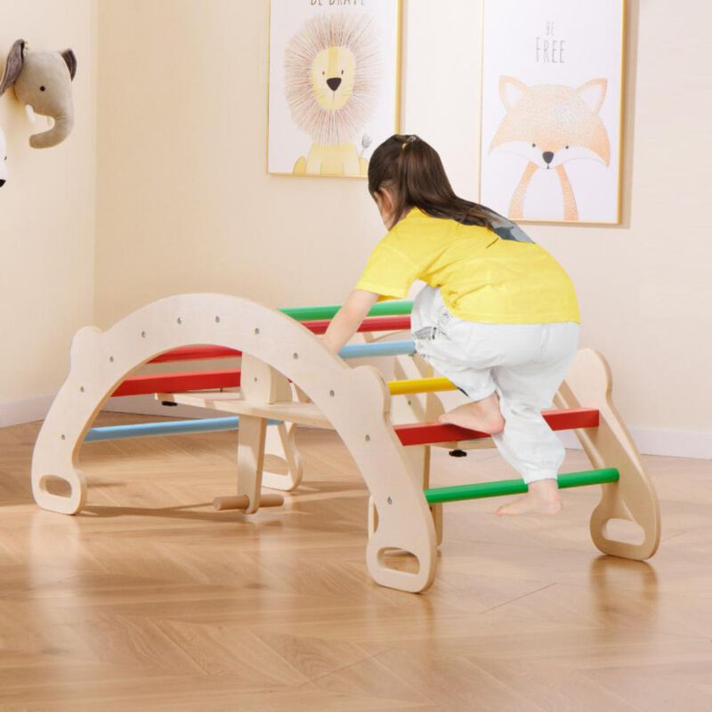 Hivvago 4-in-1 Multifunctional Wooden Climbing Toys with Rocker and Crawling Tunnel