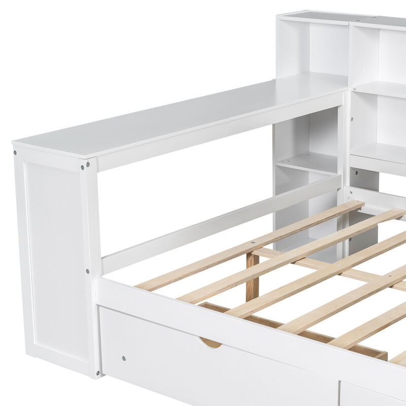 Merax Bed with Storage Shelves, Drawers, Charging Station, LED