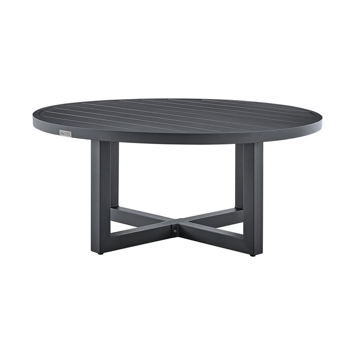 Jax 42 Inch Round Patio Coffee Table, Aluminum Frame, Slatted Top, Gray-Benzara