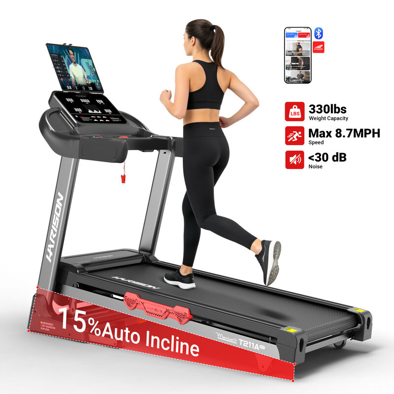 HARISON Folding Treadmill for Home with 15% Auto Incline, Hydraulic Folding Running Machine, Quiet Brushless Motor & 8.7 MPH Running Speed, 330 LB Capacity, Bluetooth App Connectivity (HR-T211A) image number 0