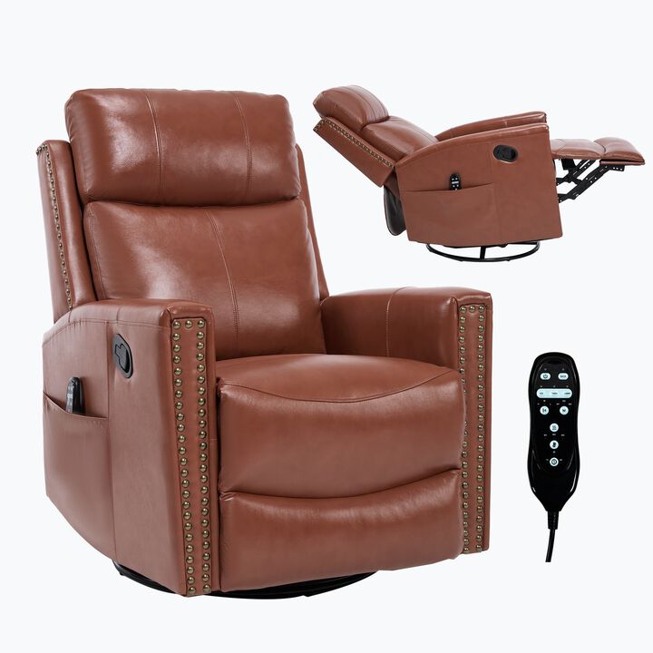 Genuine Leather Heat Massage Manual Recliner Chair with Rocker and Swivel for Living Room