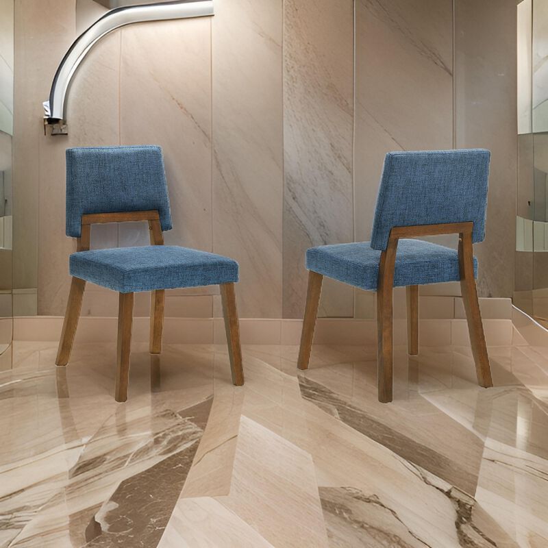 Yumi 23 Inch Dining Chair, Set of 2, Blue Fabric Seat, Walnut Brown - Benzara