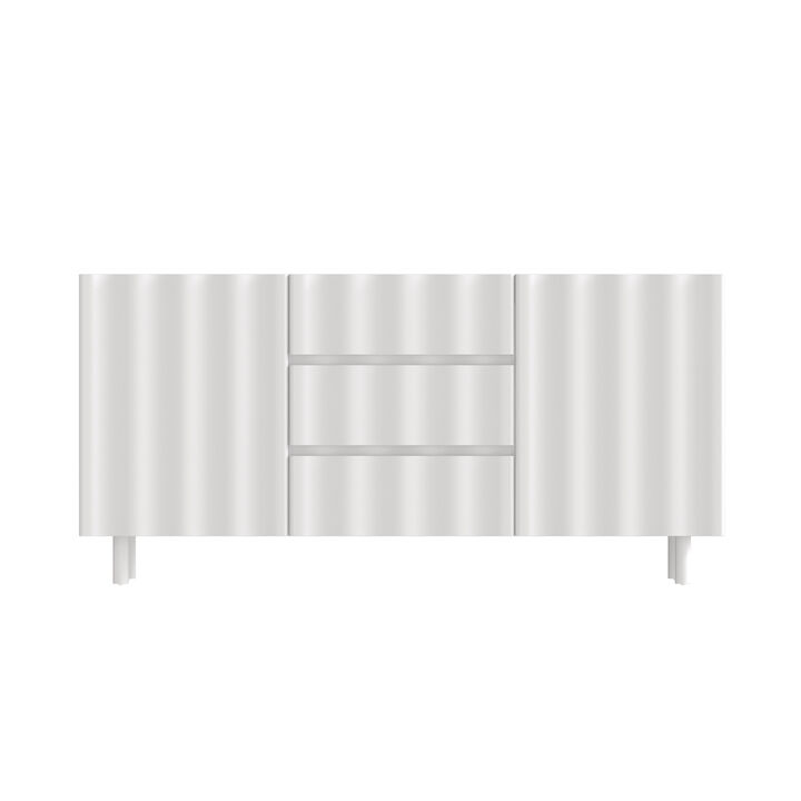 FUFU&GAGA Pure White Storage Cabinet with Doors and Drawers, Handleless Design, Vertical Wave Texture, Painted Craftsmanship, Ultra-Thick Shaped Fronts, (61 in. W x 15.8 in. D x 29.5 in. H), White