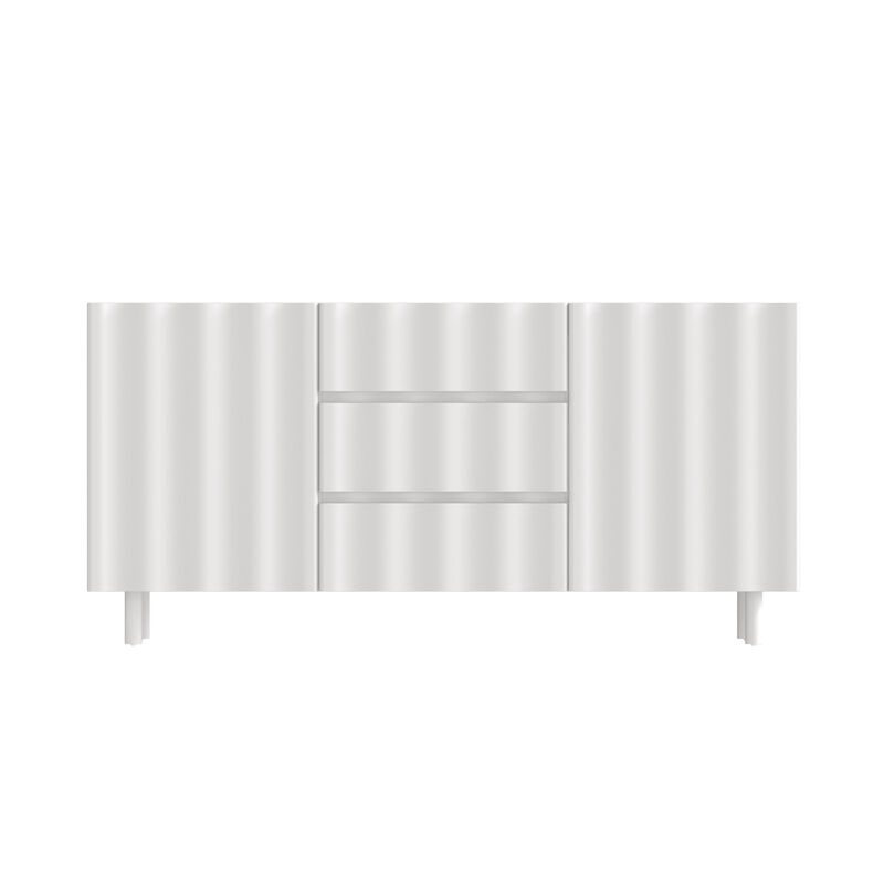 FUFU&GAGA Pure White Storage Cabinet with Doors and Drawers, Handleless Design, Vertical Wave Texture, Painted Craftsmanship, Ultra-Thick Shaped Fronts, (61 in. W x 15.8 in. D x 29.5 in. H), White