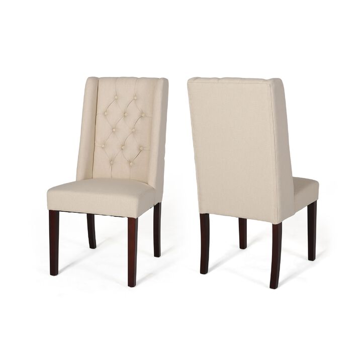 Nathan Dining Chair Set of 2, Dark Brown Wood, Tufted Wingback