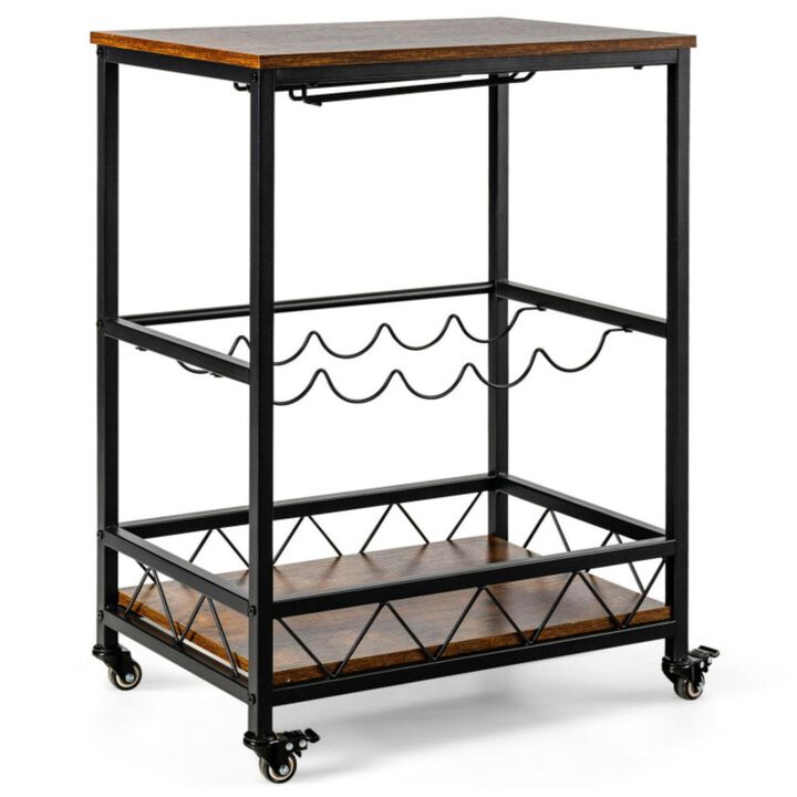 Hivvago Kitchen Bar Cart Serving Trolley on Wheels with Wine Rack Glass Holder-Rustic Brown