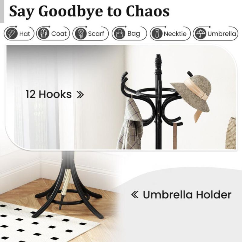 Freestanding Wooden Coat Rack with 12 Hooks and Built-In Umbrella Stand image number 7