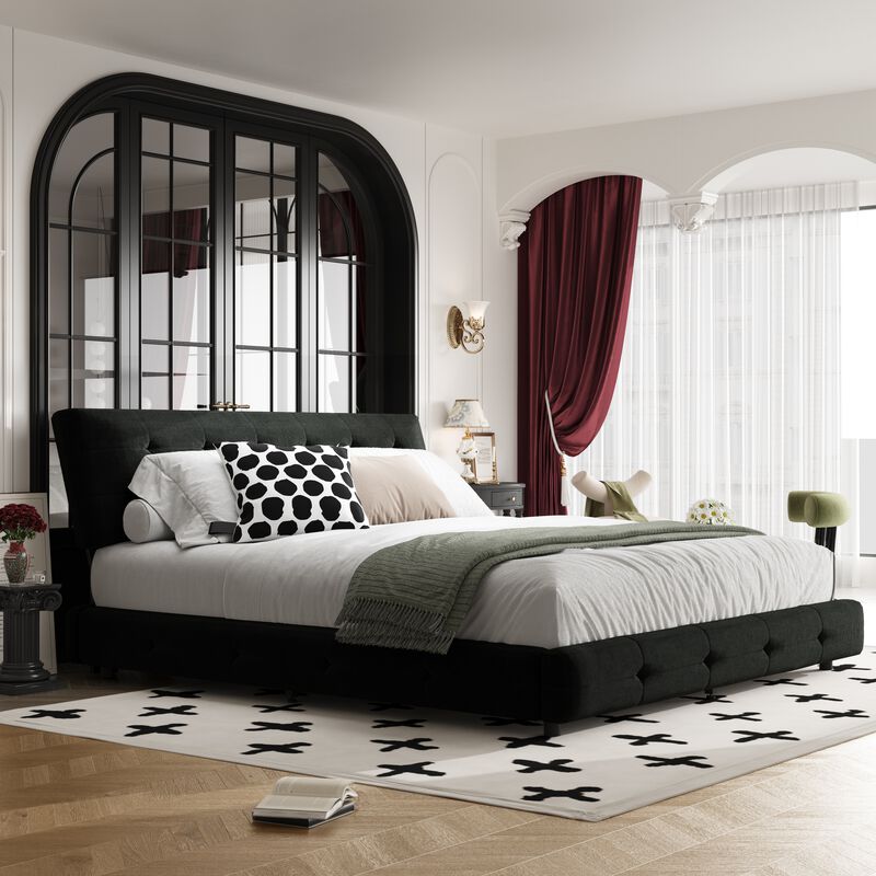 Whisen King Size Kids Bed Frame, Chenille Platform Bed with Tufted Headboard image number 3