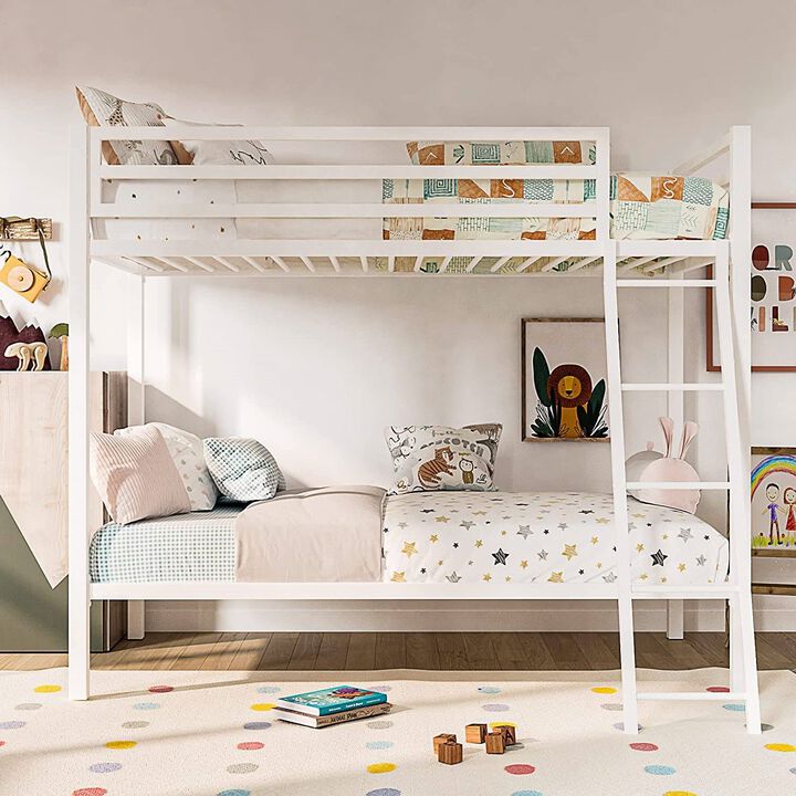 QuikFurn Twin over Twin Modern Metal Bunk Bed Frame in White with Ladder