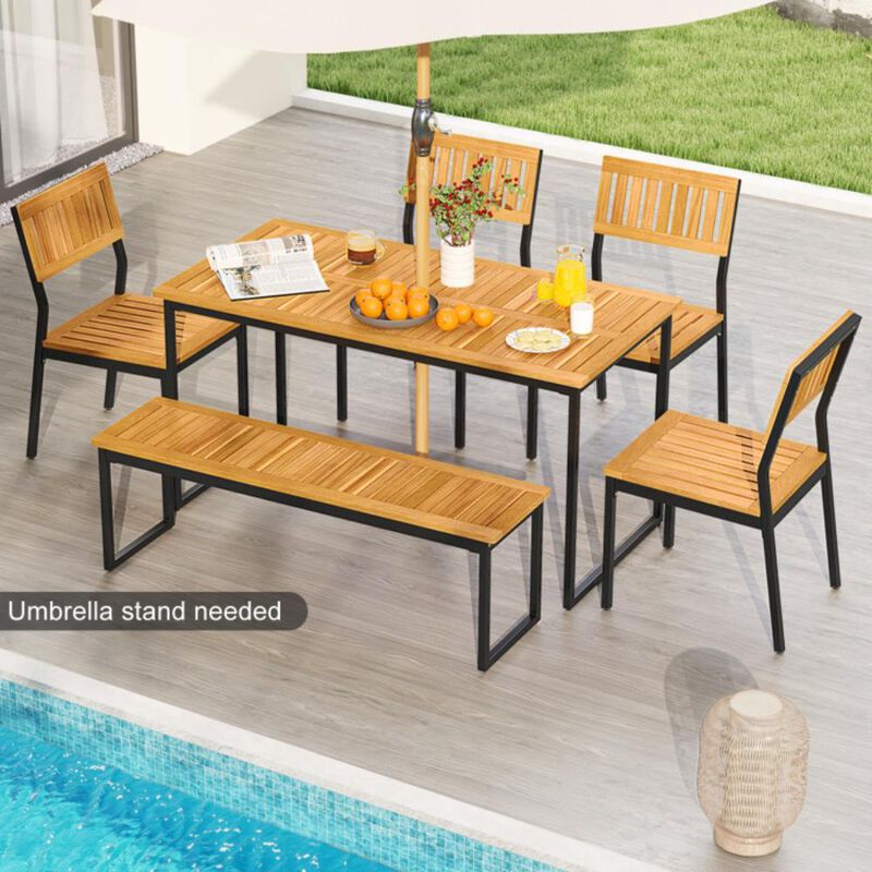 Hivvago 6 Pieces Outdoor Acacia Wood Dining Set with Bench and 2 Inches Umbrella Hole