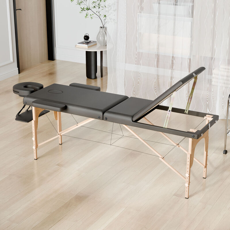 FUFU&GAGA Portable Folding Massage Bed with Solid Wood Legs & Metal Frame, Black PVC Leather Top (Open: 84.2 in. W x 21.2 in. D x 26.7 in. H / Folded: 36.2 in. W x 7 in. D x 21.2 in. H), Black