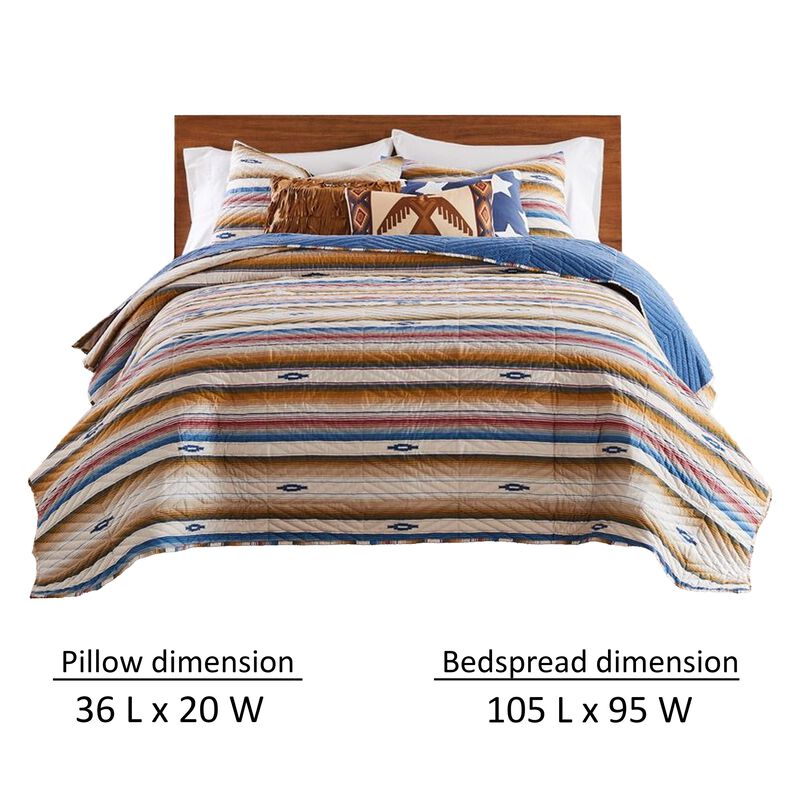 Rey 3pc Cal King Quilt and Pillow Sham Set, Ivory Multicolor Chevron Design - Benzara