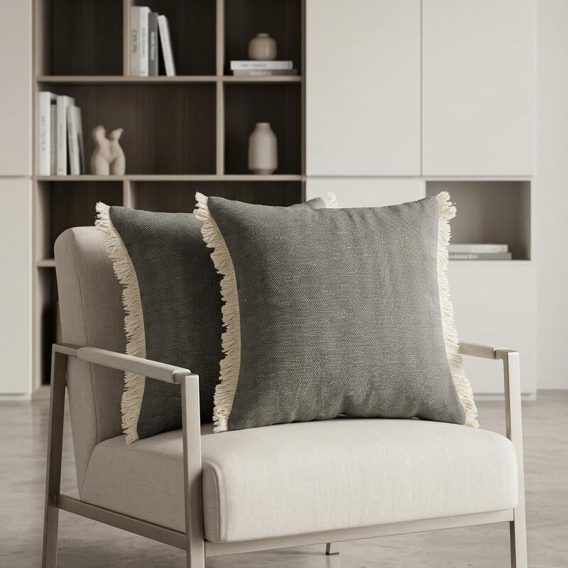 HomeRoots Set of Two 20" Gray And Off White Cotton Throw Pillows with Fringe image number 1