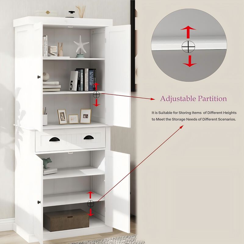 White Wood 29.92 in. Pantry Cabinet with Doors and Drawers，Adjustable Shelves