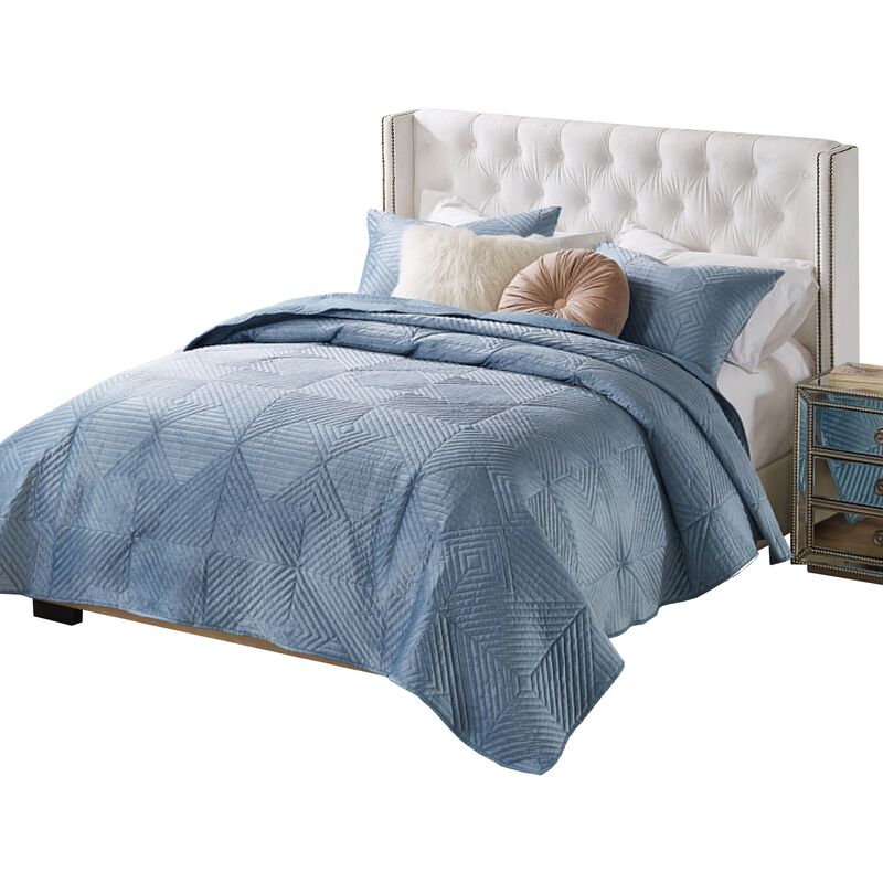 Ahab 2pc XL Twin Quilt and Pillow Sham Set, Spa Blue Dutch Velvet Face - Benzara
