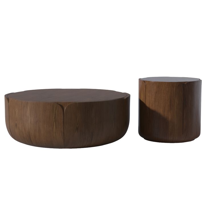Round Outdoor Indoor Coffee Table Set, Modern Wood Grain Drum Center Table Set, Sturdy Waterproof(Set of 2)