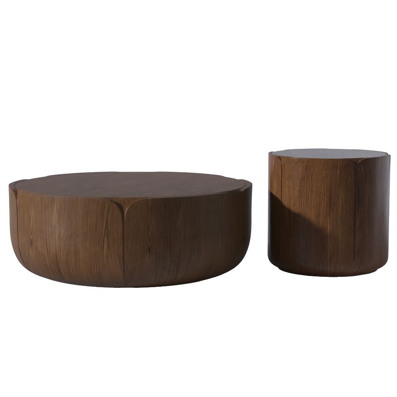 Round Outdoor Indoor Coffee Table Set, Modern Wood Grain Drum Center Table Set, Sturdy Waterproof(Set of 2) image number 0