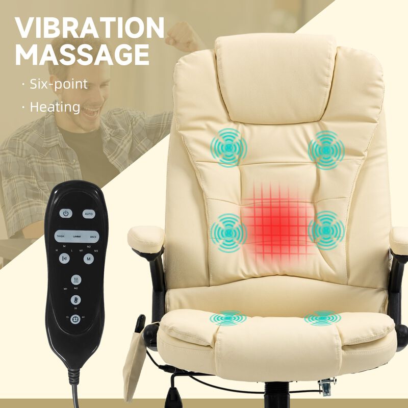Heated Massage Office Chair, Heated Reclining Desk Chair with 6 Vibration Points, Armrest and Remote, Beige
