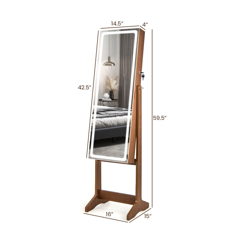 Lockable Jewelry Armoire Standing Cabinet with Lighted Full-Length Mirror
