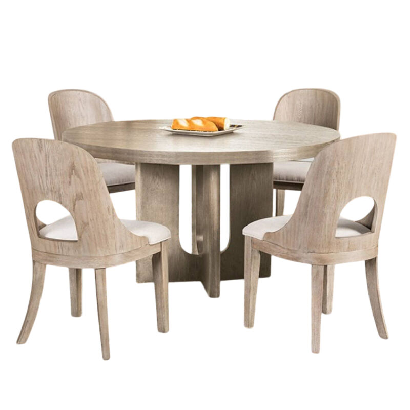 Zoko 5pc Round Dining Table Set, Polyester Chairs, White, Solid Wood - Benzara